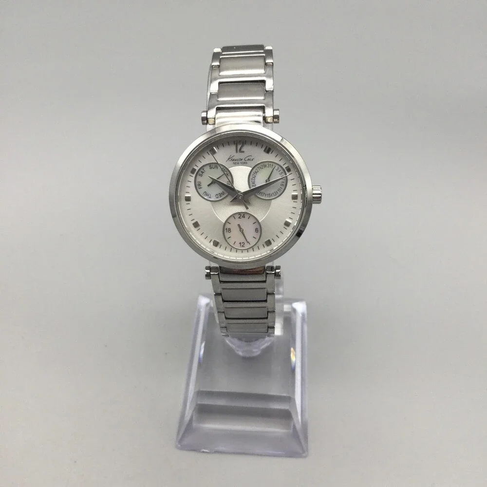 Kenneth Cole Womens Watch 30mm Silver Tone Bracelet Day Date New Battery 7.25